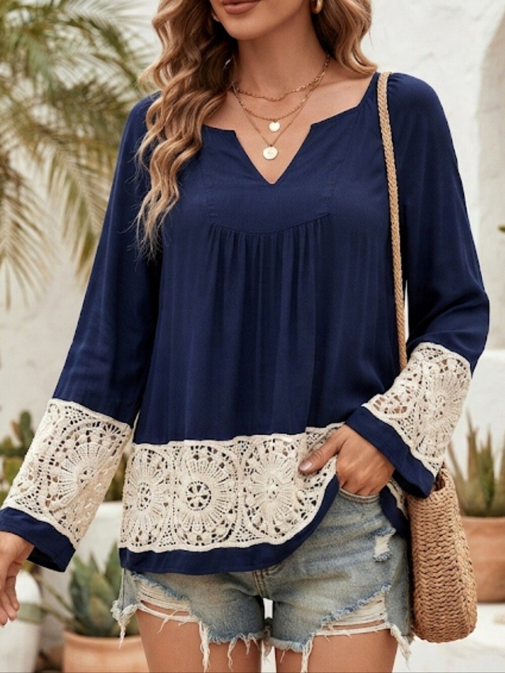 Entro Navy Blue Long Sleeve Top Boho Crochet Lace Trim Size Small